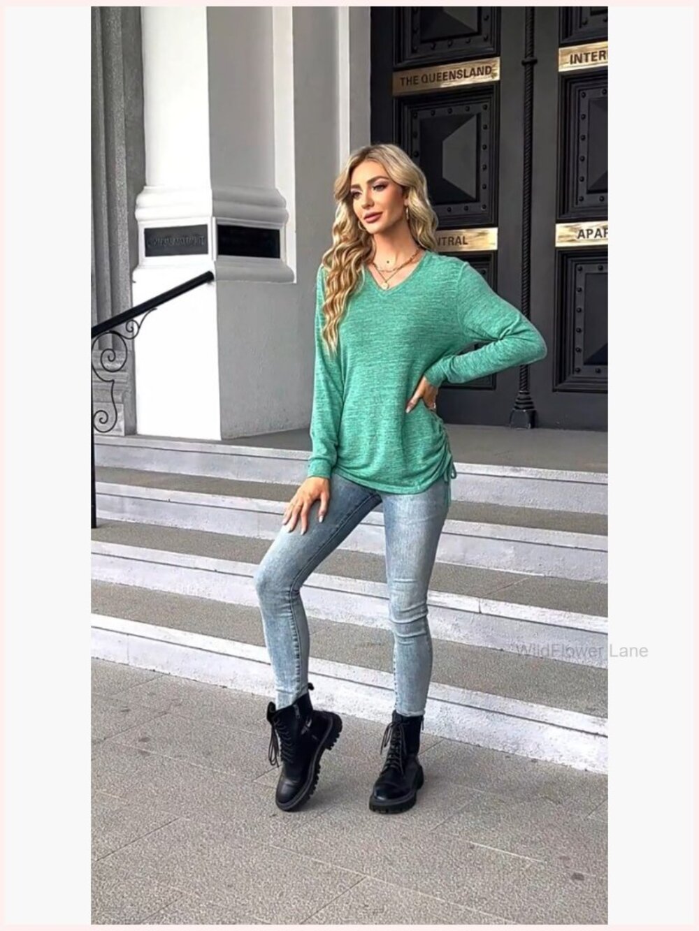 V Neck Drawstring Ruched Long Sleeve Tunic Blouse Pullover - Picture 6 of 6
